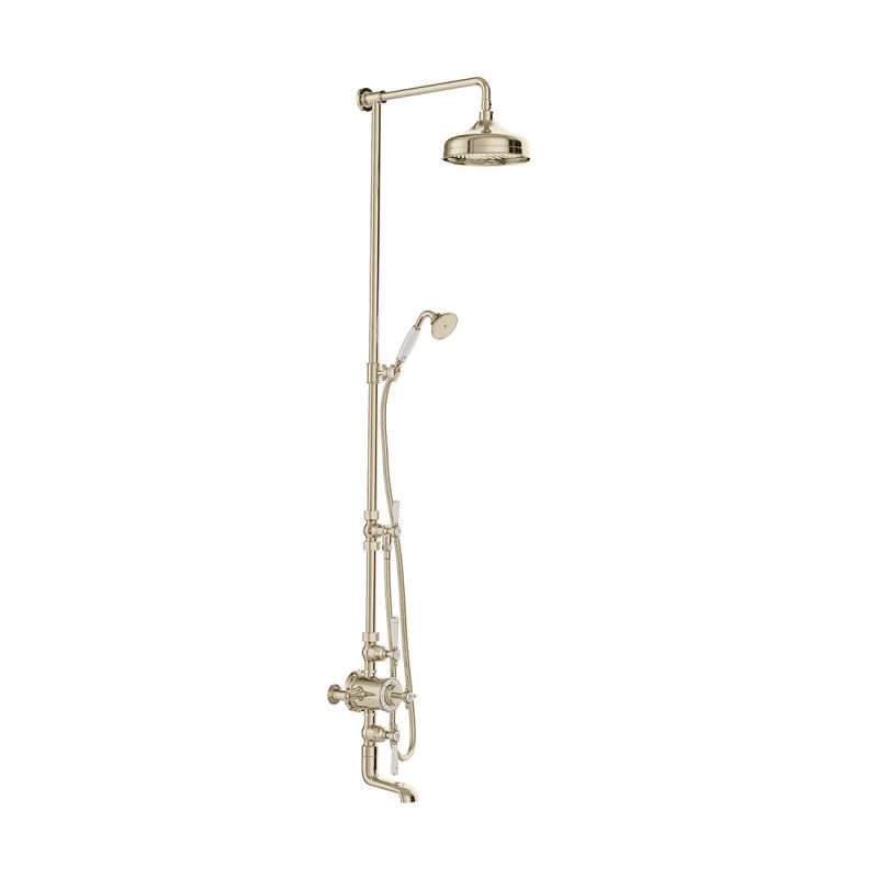 Booth & Co. Axbridge 3 outlet thermostatic shower column with bath spout, finished in a high-shine bright nickel with crackled off-white ceramic aceents.