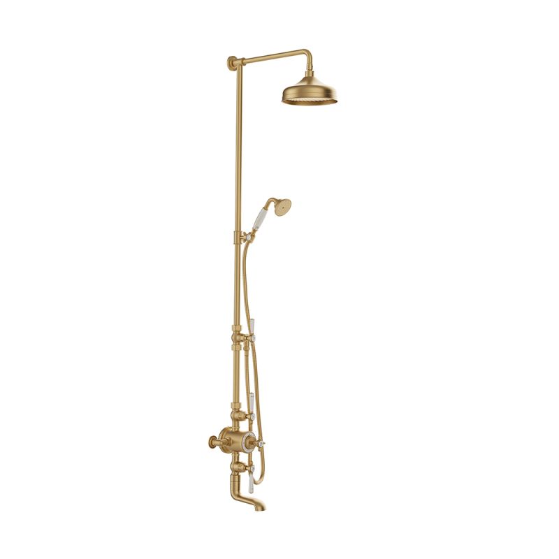 Booth & Co. Axbridge 3 outlet thermostatic shower column with bath spout, finished in brushed brass with crackled off-white ceramic accents.