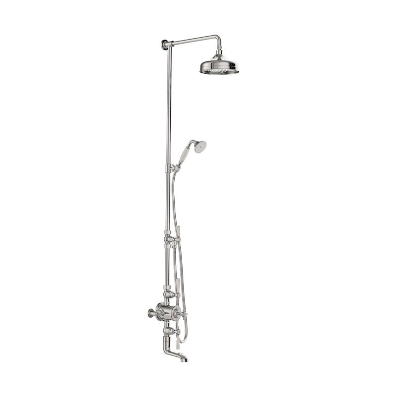 Booth & Co. Axbridge 3 outlet thermostatic shower column with bath spout, finished in a high-shine polished chrome with white ceramic accents.