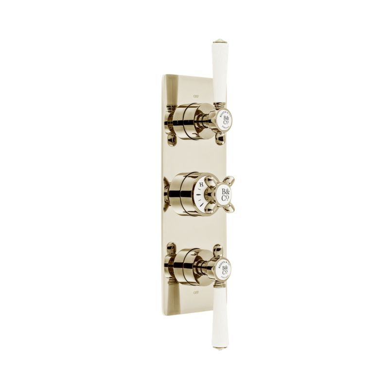 Booth & Co. Axbridge 3 outlet, 3 handle concealed thermostatic shower valve, finished in bright nickel with crackled off-white ceramic accents.