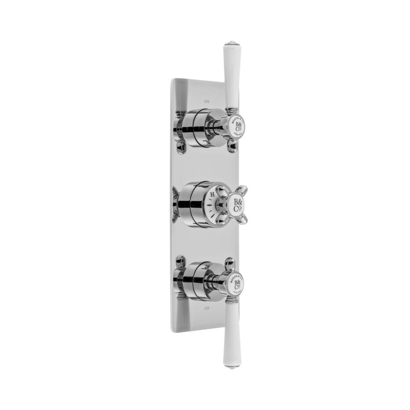 Booth & Co. Axbridge 3 outlet, 3 handle concealed thermostatic shower valve, finished in chrome with white ceramic accents.