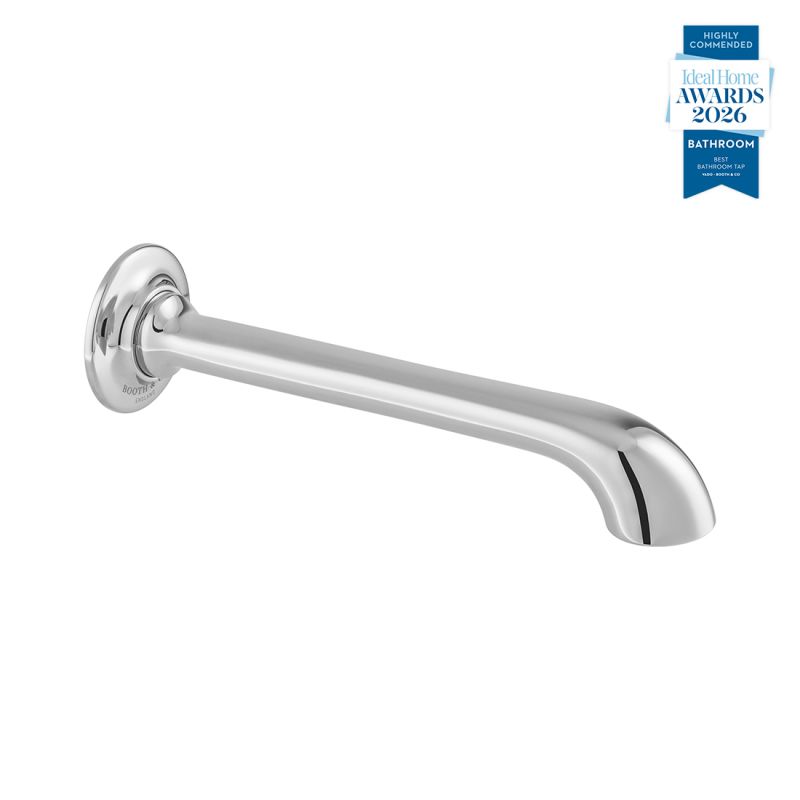 Booth & Co. Axbridge wall mounted bath spout, finished in a high-shine polished chrome.