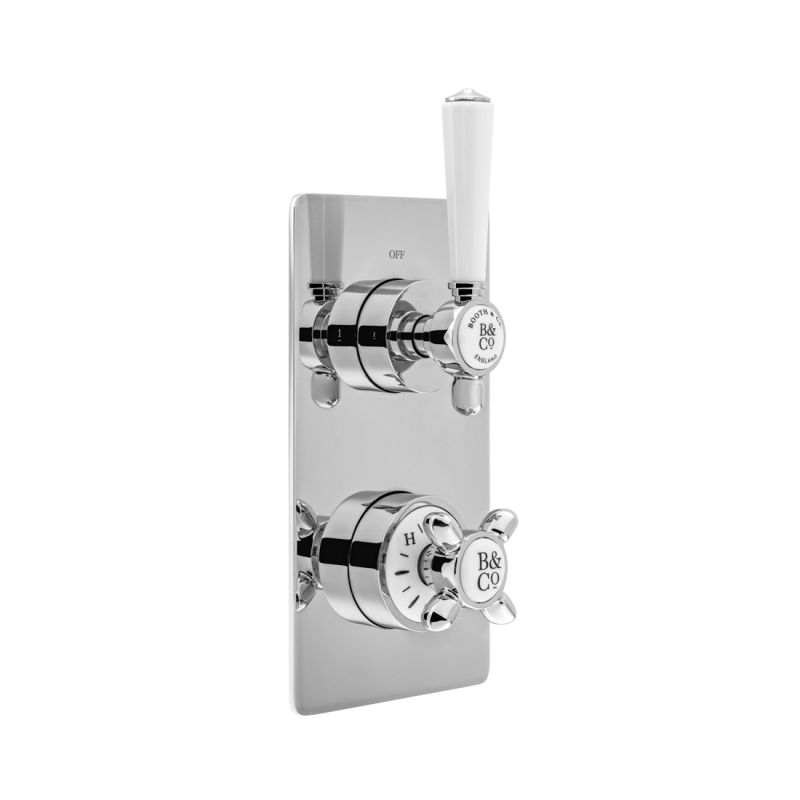 Booth & Co. Axbridge 1 outlet, 2 handle concealed thermostatic shower valve, finished in chrome with white ceramic accents.