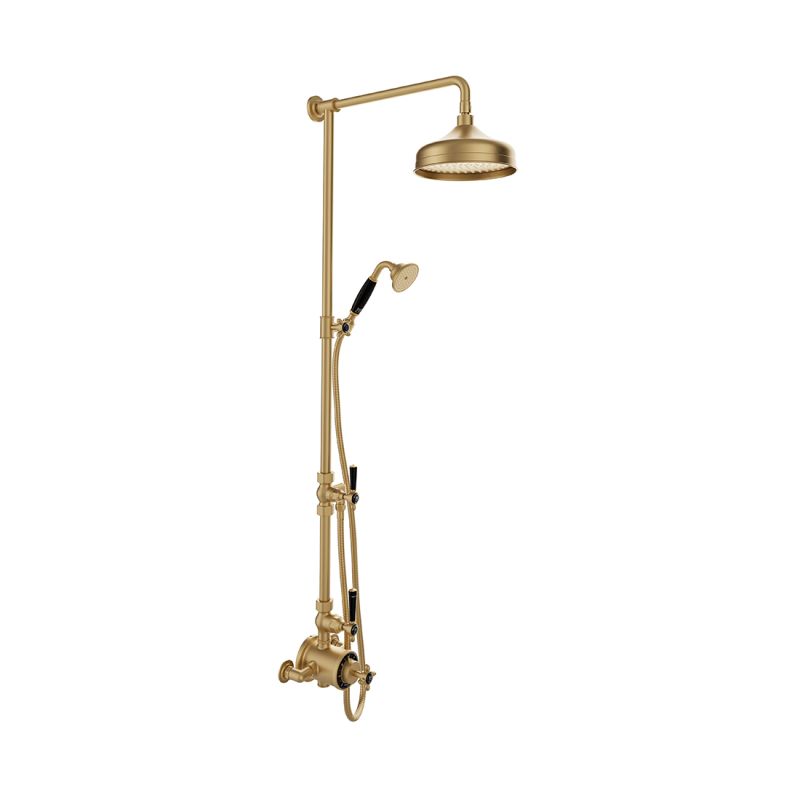 Booth & Co. Axbridge 2 outlet thermostatic shower column, finished in brushed brass with black ceramic accents.