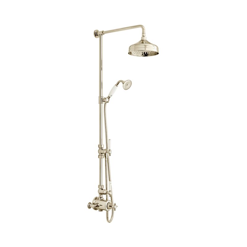 Booth & Co. Axbridge 2 outlet thermostatic shower column, finished in a high-shine bright nickel with crackled off-white ceramic accents.