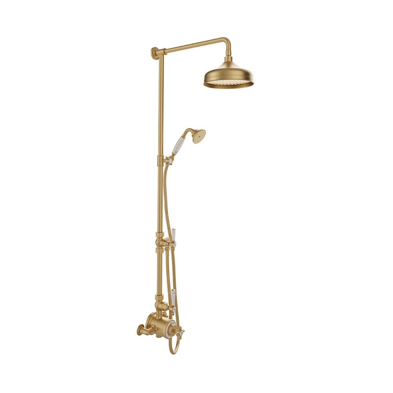 Booth & Co. Axbridge 2 outlet thermostatic shower column, finished in brushed brass with crackled off-white ceramic accents.