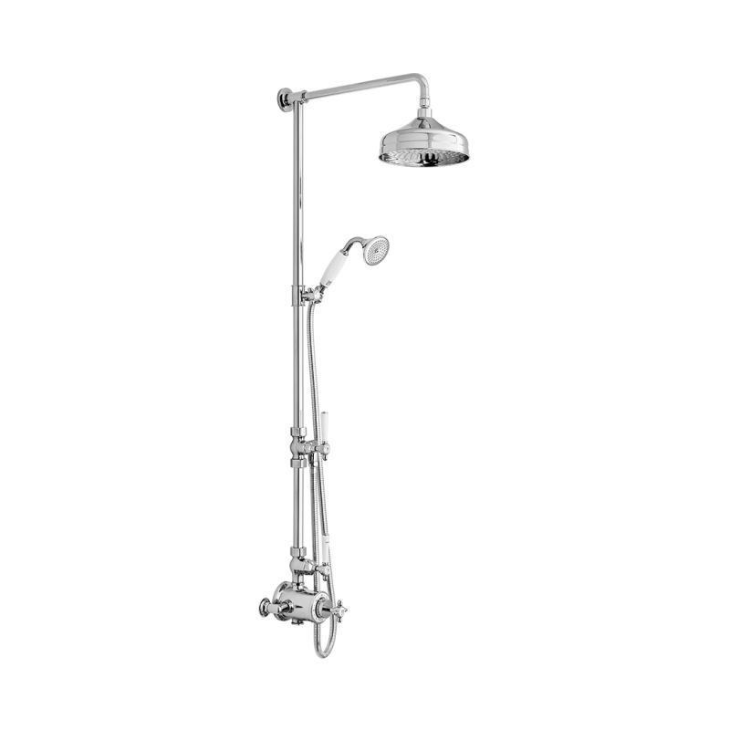 Booth & Co. Axbridge 2 outlet thermostatic shower column, finished in a high-shine polished chrome with white ceramic accents.