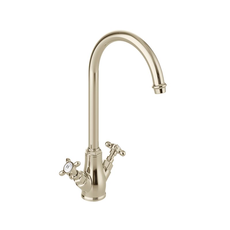 Booth & Co. Kitchen tap mixer with cross handles, finished in a high-shine bright nickel with crackled off-white ceramic accents.