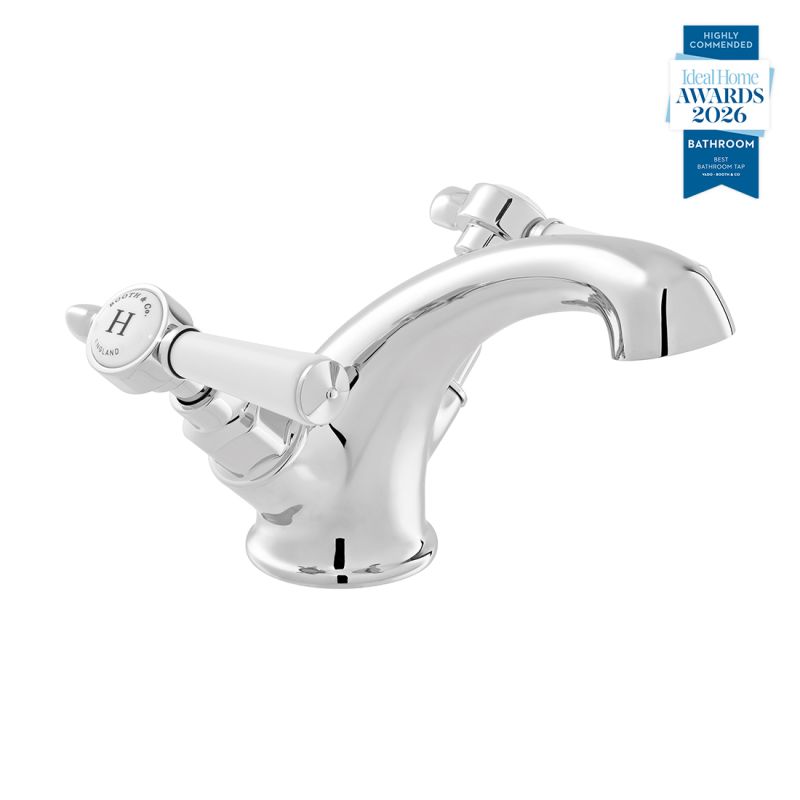 Booth & Co. Axbridge Mono basin mixer tap smooth body with lever handles, finished in a high-shin polished chrome with white ceramic.