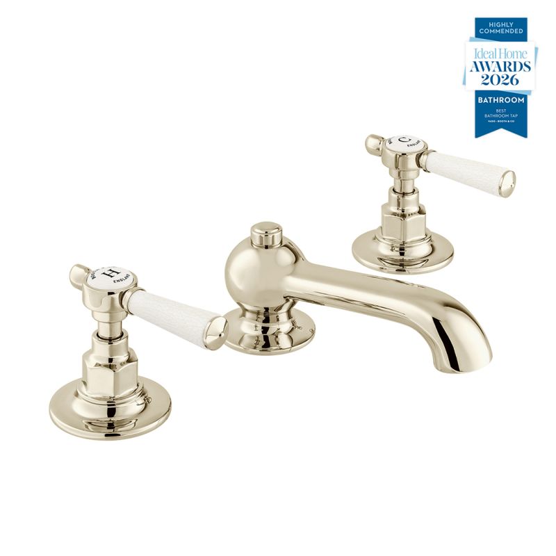 Booth & Co. Axbridge basin mixer tap with a pop up basin waste and lever handles, finished in a high-shine bright nickel with crackled off-white ceramic accents.