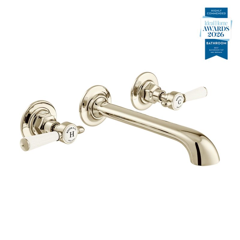 Booth & Co. Axbridge wall mounted basin mixer tap with lever handles, finished in a high-shine bright nickel with crackled off-white ceramic accents.