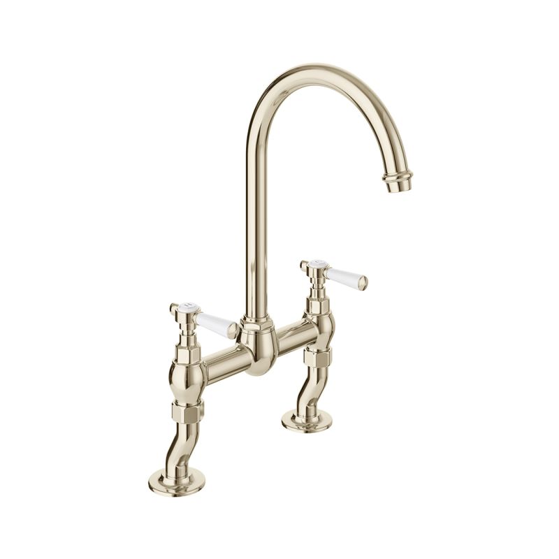 Booth & Co. Axbridge bridge kitchen tap mixer with lever handles, finished in a high-shine polished bright nickel with crackled off-white ceramic accents.