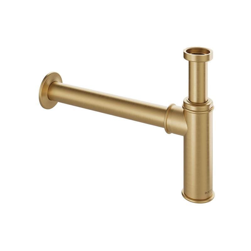 Booth & Co. traditional bottle basin waste trap, finished in brushed brass.
