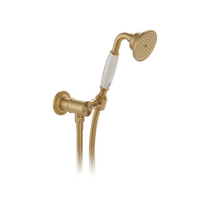 Booth & Co. Axbridge Single function mini shower kit with outlet, hose and bracket, finished in brushed brass with crackled off-white ceramic accents.