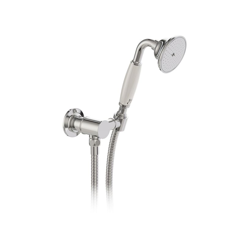 Booth & Co. Axbridge Single function mini shower kit with outlet, hose and bracket, finished in a high-shine polished chrome with white ceramic accents.