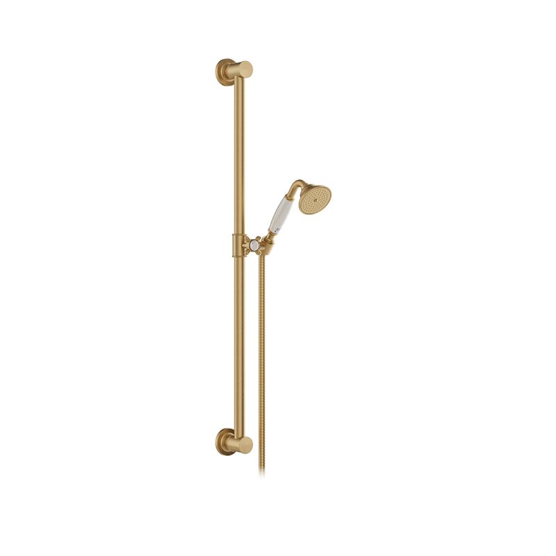 Booth & Co. Axbridge single function slide rail shower kit, finished in brushed brass with crackled off-white ceramic accents.