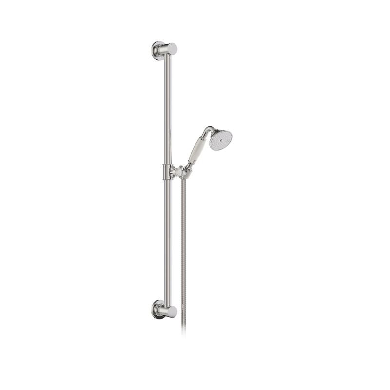 Booth & Co. Axbridge  single function slide rail shower kit, finished in a high-shine polished chrome with white ceramic accents.