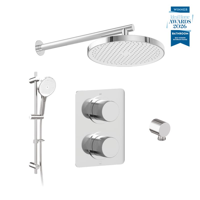 Safari Leverless Two Outlet Concealed Thermostatic Shower Package with Multi Function Slide Rail Kit, finished in polished chrome.