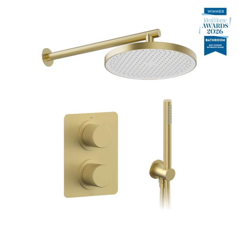 Safari Leverless Two Outlet Concealed Thermostatic Shower Package with Mini Kit, finished in satin brass.