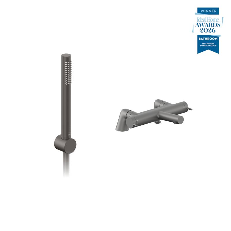Safari lever exposed deck mounted thermostatic shower package with mini kit, finished in pewter.
