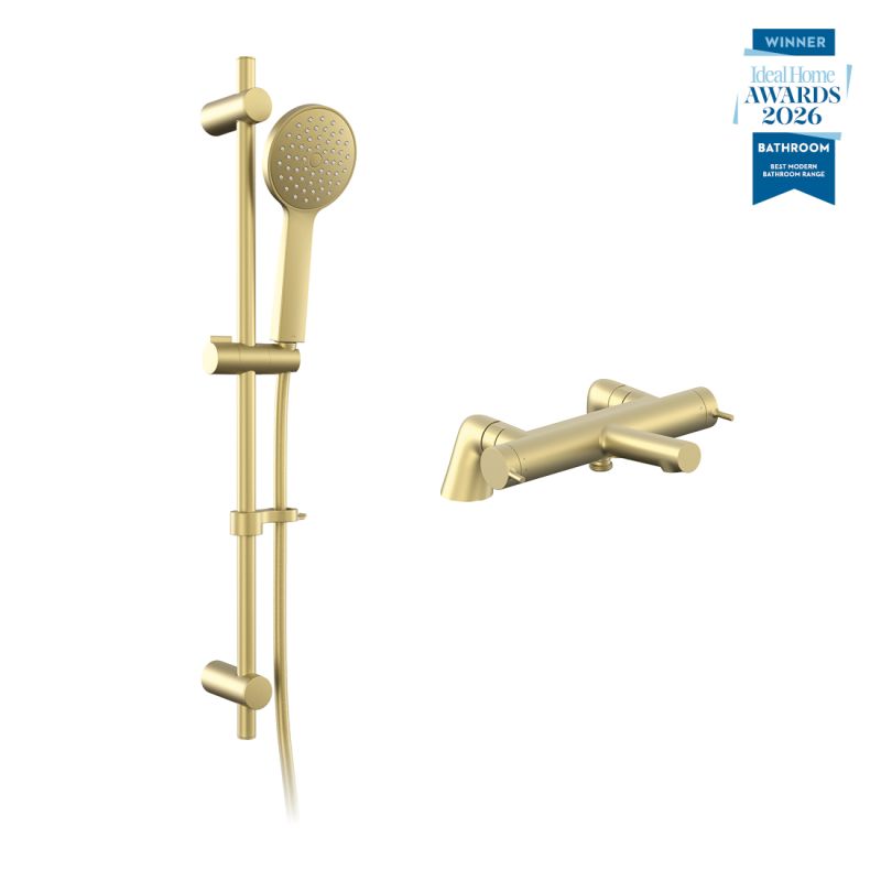 Safari lever exposed deck mounted thermostatic shower package with single-function slide rail kit, finished in satin brass.