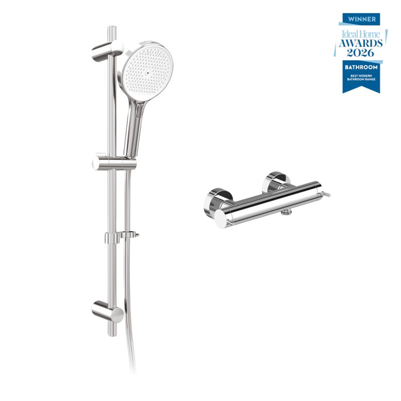 Safari leverless exposed wall mounted thermostatic shower package with multi-function slide rail kit, finished in chrome.