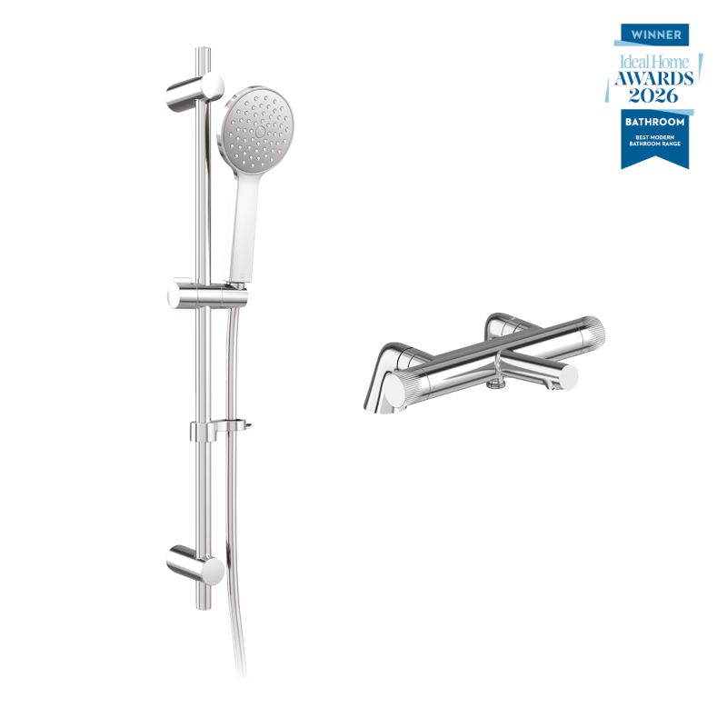 Safari leverless exposed deck mounted thermostatic shower package with single-function slide rail kit, finished in chrome.