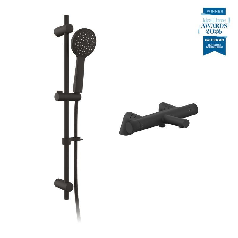 Safari leverless exposed deck mounted thermostatic shower package with single-function slide rail kit, finished in matt black.