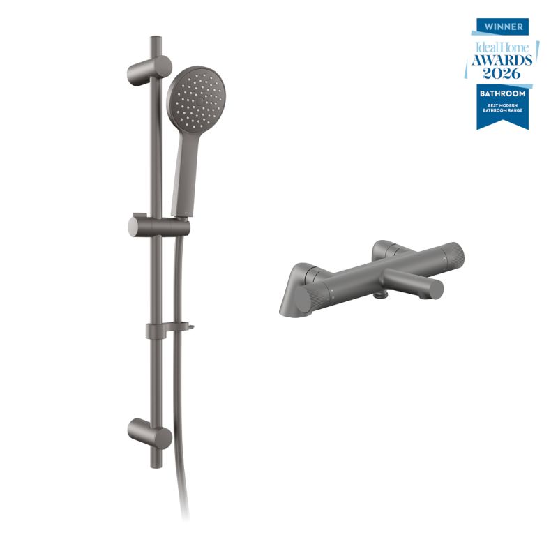 Safari leverless exposed deck mounted thermostatic shower package with single-function slide rail kit, finished in pewter.