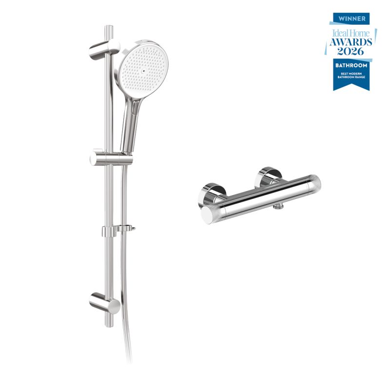 Safari leverless exposed wall mounted thermostatic shower package with multi-function slide rail kit, finished in chrome.
