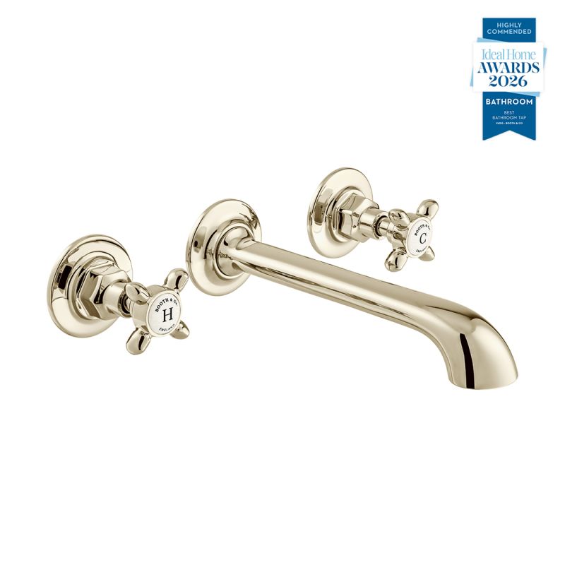 Booth & Co. Axbridge wall mounted basin mixer tap with cross handles, finished in a high-shine bright nickel with crackled off-white ceramic accents.