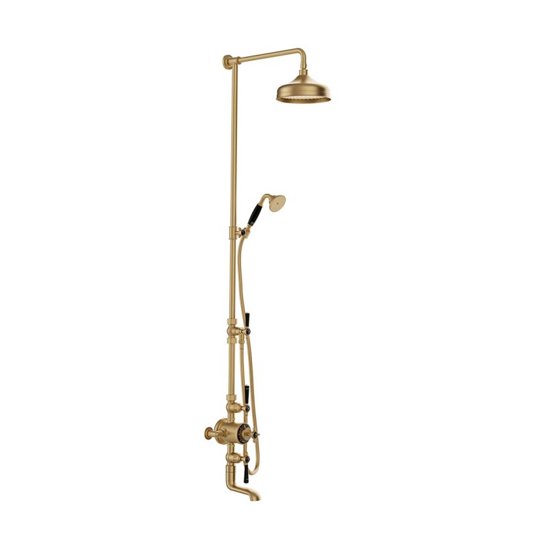 Booth & Co. Axbridge 3 outlet thermostatic shower column with bath spout, finished in brushed brass with black ceramic accents.