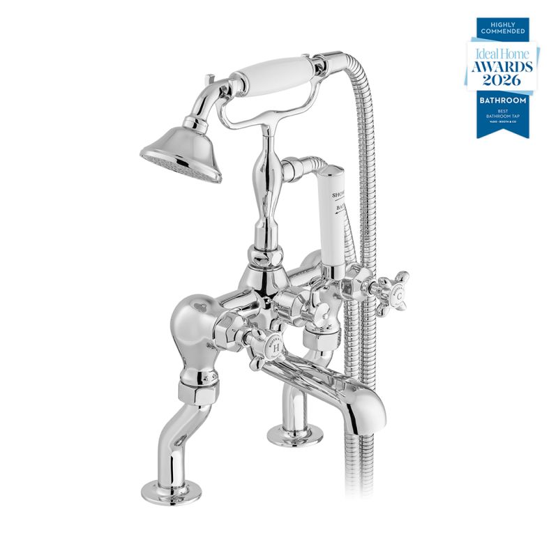 Booth & Co. Axbridge bath shower mixer tap with shower kit and cross handles, finished in a high-shine polished chrome with white ceramic.