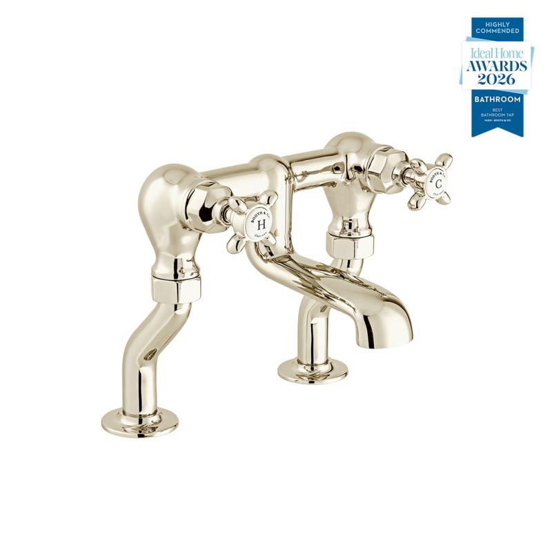 Booth & Co. Axbridge bath filler tap with cross handles, finished in a high-shine bright nickel with crackled off-white ceramic.
