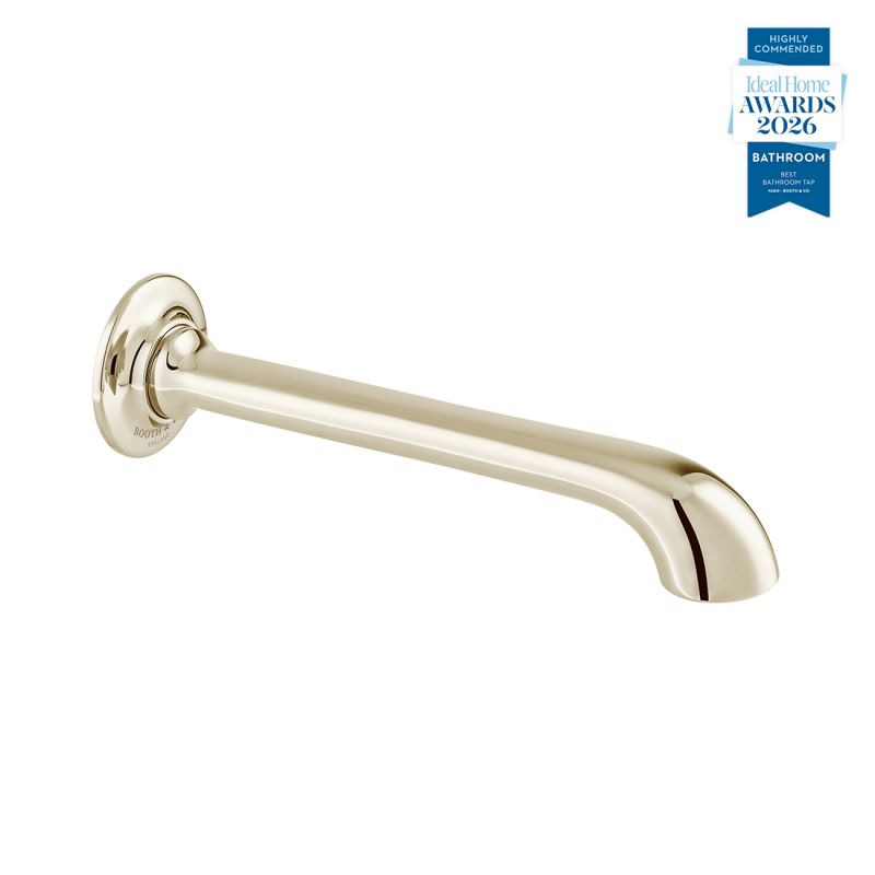 Booth & Co. Axbridge wall mounted bath spout, finished in a high-shine bright nickel.