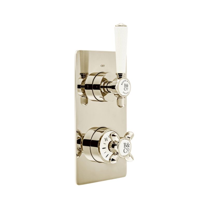 Booth & Co. Axbridge 2 outlet, 2 handle concealed thermostatic shower valve, finished in bright nickel with crackled off-white ceramic accents.