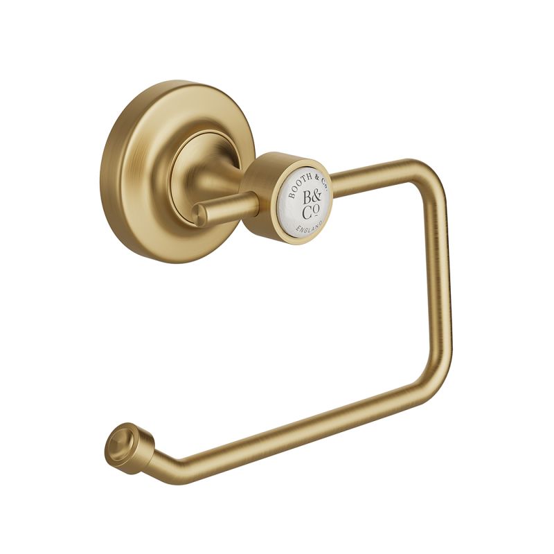 Booth & Co. toilet roll holder, finished in brushed brass with crackled off-white ceramic accents. Booth & Co. toilet roll holder, finished in brushed brass with crackled off-white ceramic accents.
