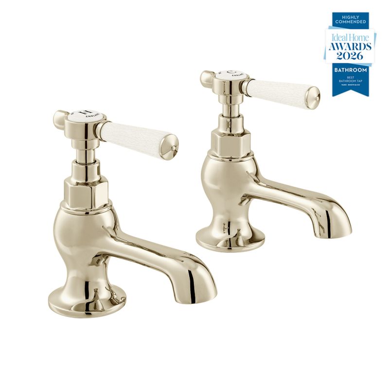 Booth & Co. Axbridge basin pillar taps with lever handles, finished in a high-shine bright nickel with crackled off-white ceramic accents.