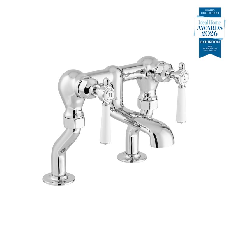 Booth & Co. Axbridge bath filler tap withlever handles, finished in a high-shine polished chrome with white ceramic accents.