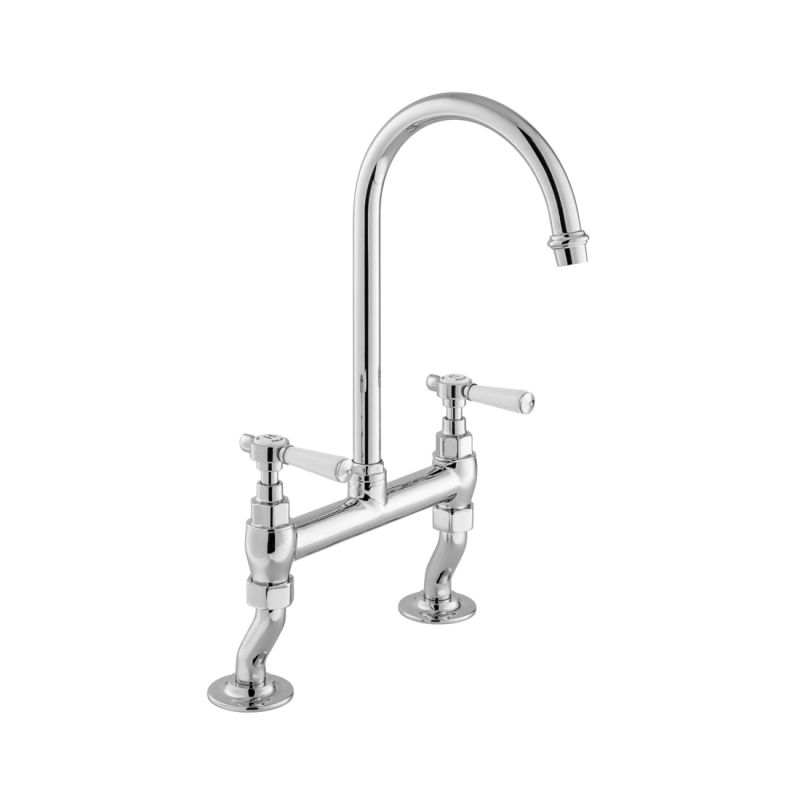 Booth & Co. Axbridge bridge kitchen tap mixer with lever handles, finished in a high-shine polished chrome with white ceramic accents.