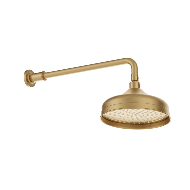 Booth & Co. Axbridge 200mm shower head and arm, finished in brushed brass.