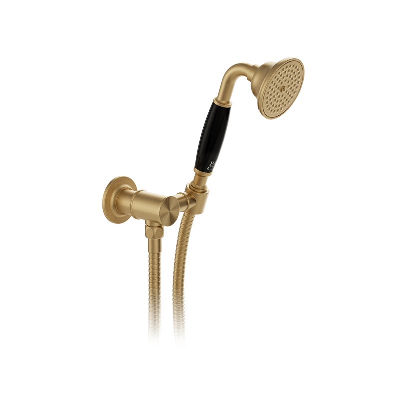 Booth & Co. Axbridge Single function mini shower kit with outlet, hose and bracket, finished in brushed brass with black ceramic accents. Booth & Co. Axbridge Single function mini shower kit with outlet, hose and bracket, finished in brushed brass with black ceramic accents.