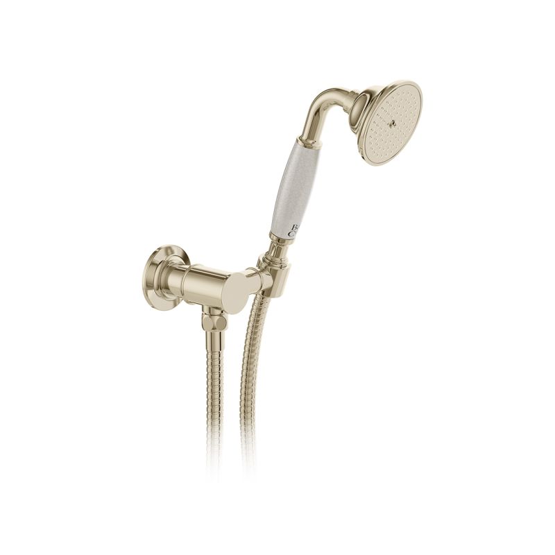 Booth & Co. Axbridge Single function mini shower kit with outlet, hose and bracket, finished in a high-shine bright nickel with crackled off-white ceramic accents.
