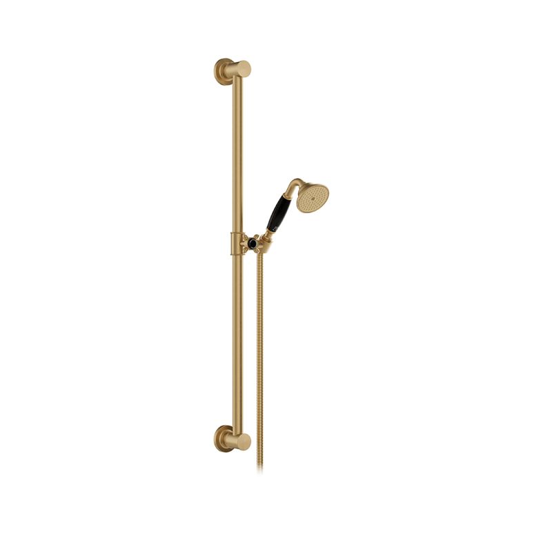 Booth & Co. Axbridge single function slide rail shower kit, finished in brushed brass with black ceramic accents. Booth & Co. Axbridge single function slide rail shower kit, finished in brushed brass with black ceramic accents.