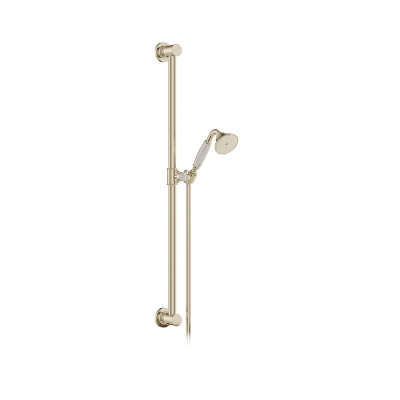 Booth & Co. Axbridge  single function slide rail shower kit, finished in bright nickel with crackled off-white ceramic accents.
