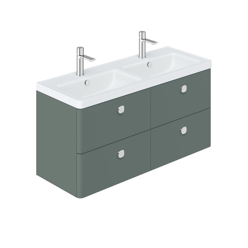 Cameo by VADO 1200mm wall hung double bathroom vanity unit with 4 drawers, finished in eucalyptus green.