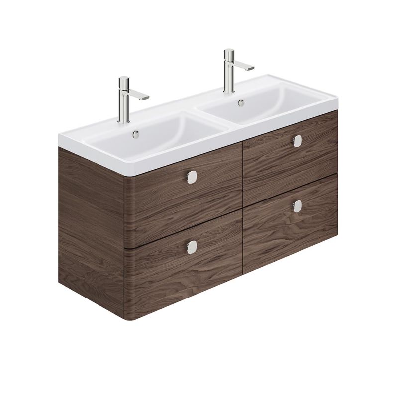 Cameo by VADO 1200mm wall hung double bathroom vanity unit with 4 drawers, finished in warm walnut.