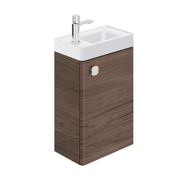 Cameo by VADO 400mm wall hung cloakroom unit, with reversible door in warm walnut.