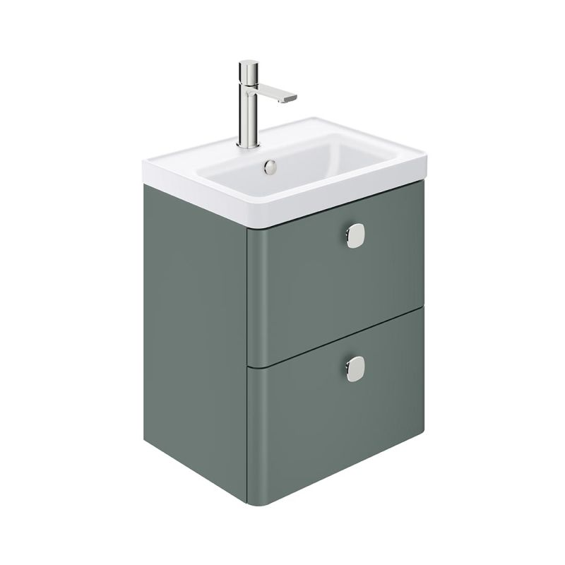 Cameo by VADO 500mm wall hung bathroom vanity unit with 2 drawers, finished in eucalyptus green.