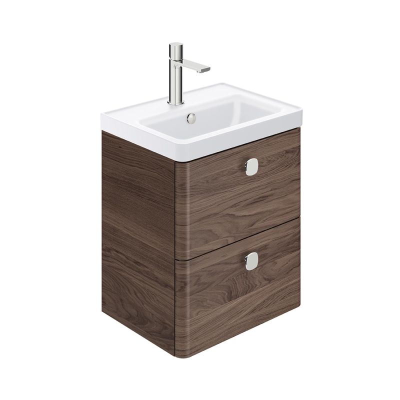 Cameo by VADO 500mm wall hung bathroom vanity unit with 2 drawers, finished in warm walnut.